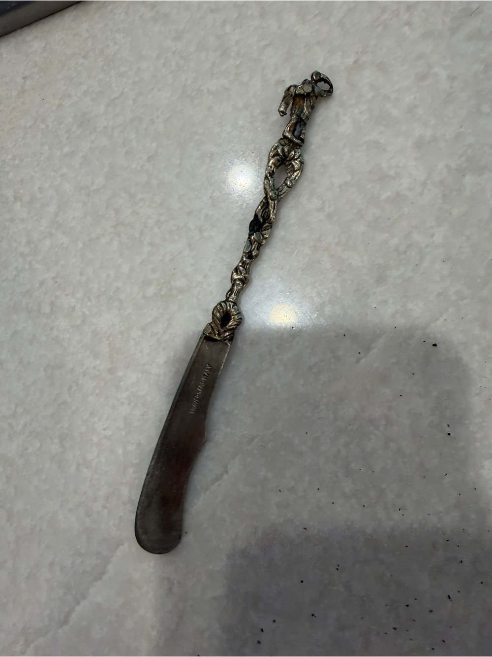 Vintage Silver Ornate Butter Knife with Dark Patina